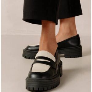 Vegan “leather” lug sole loafers, two-tone black and white